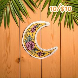 Floral Crescent Moon Vinyl Sticker – Yellow & Pink Rose Moon Phase, Boho Art